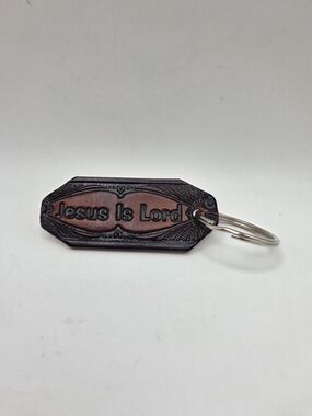 Embossed Leather 'Jesus Is Lord' Keychain - Brown and Black